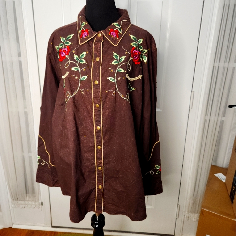 Brown Back in the Saddle Long Sleeve Blue Embroidered Women's Shirt Plus Size 2X